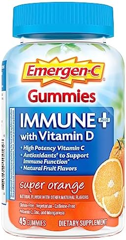 Emergen-C Immune+ Immune Gummies, Vitamin D plus 750 mg Vitamin C, Immune Support Dietary Supplement, Caffeine Free, Gluten Free, Super Orange Flavor – 45 Count
